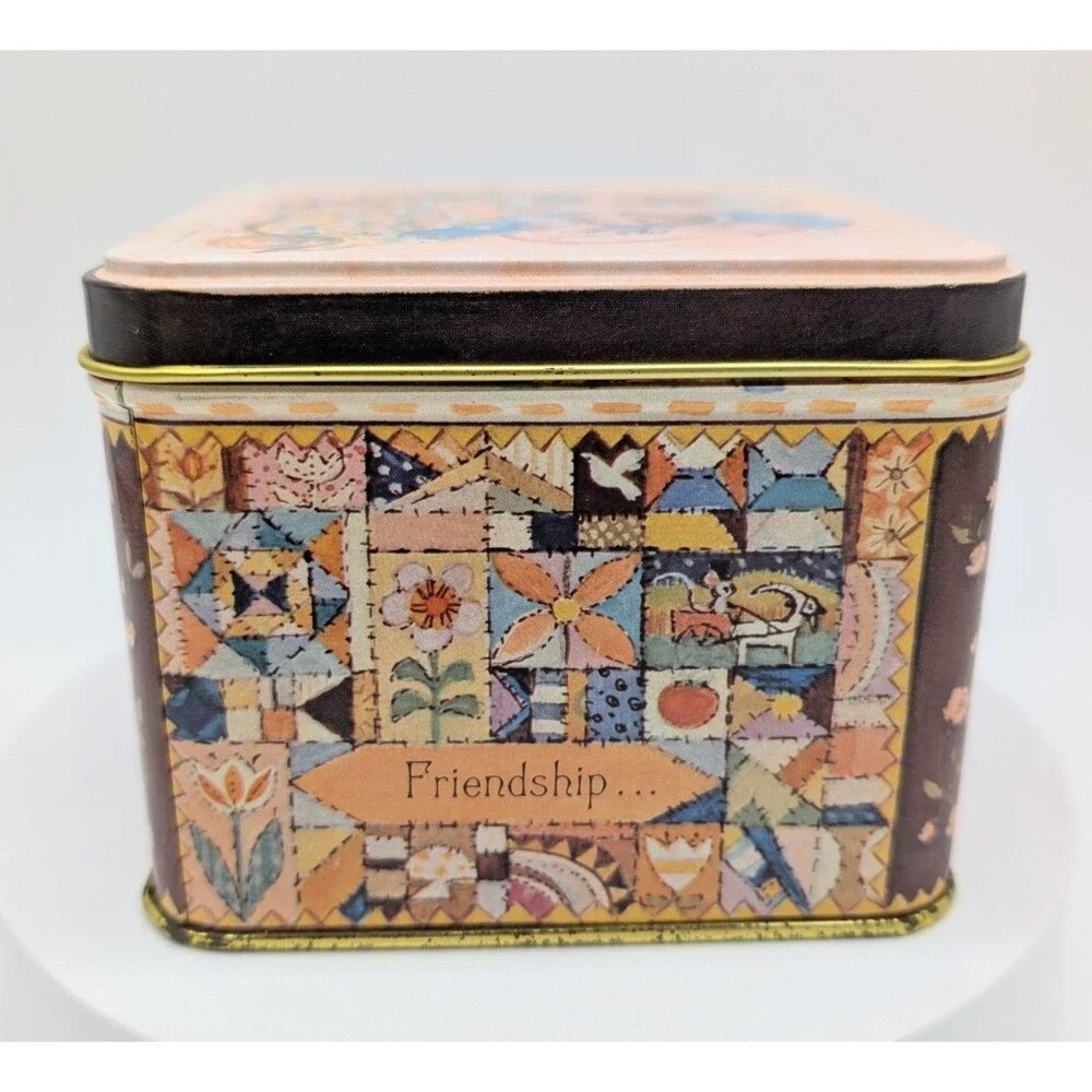 Vintage 1977 Mice Friendship Patchwork Quilting Needlework Storage Tin
